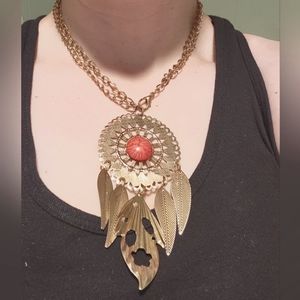 NWT DUO CHAIN GOLD ENAMEL DREAMCATHER NECKLACE WITH RED ENAMEL SUN IN THE MIDDLE